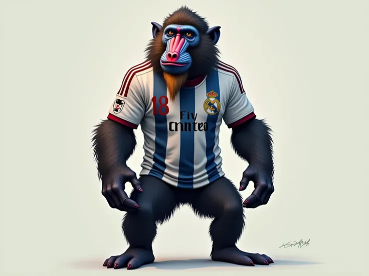 Can you draw me a mandril  (a monkey)  in a Real Madrid uniform and with the number 18