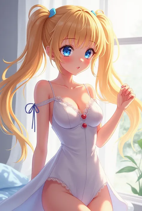 Beautiful girl with long pigtails and blond blue eyes ,  sexy and very good with chichis and legs anime style and beautiful eyes and white skin and beautiful and beautiful 
