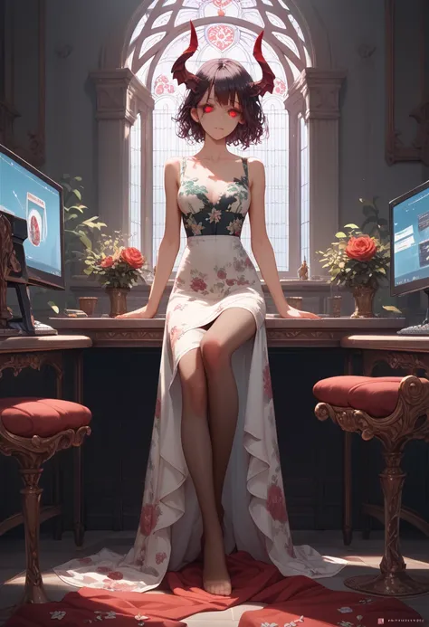 ( extremely detailed computer graphics),detailed clothing,  masterpiece fails,  Unitys incredibly thin and beautiful ,  full height,  1girl, sitting posture,   dirty hair ,  beautiful detailed eyes ， red eyes , lacepantyhose，floral patterns，succubus horns ...