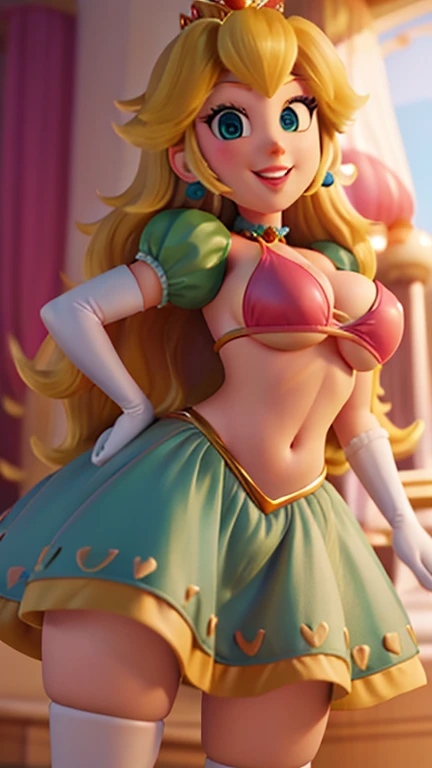 detailed textures in high quality, princess peach, with sexy bikini, green color, big breasts, smiling, cpn sexy pose