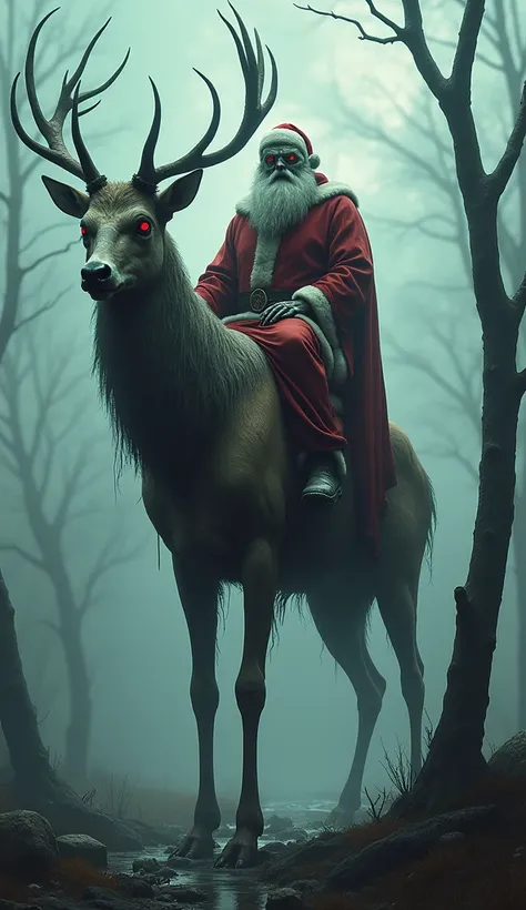 Give me a very realistic image of Santa Claus on top of a deer, very scary