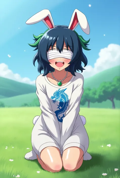 My hero academi, adolescent female character , dark blue hair , green and white tufts , her eyes are covered with white bandages , has a tail and ears like a rabbit, she is wearing a rabbit costume blue dragon tattoo on her chest,  cheerful expression, ful...