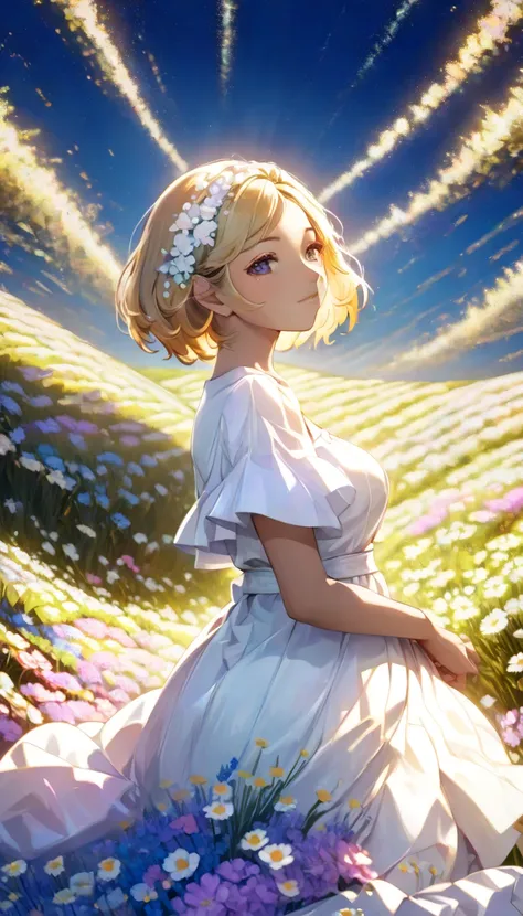   Ultra-realistic,  colorful flower field, there is a beautiful girl wearing a white dress. The soft sunlight illuminates the peaceful scenery. A row of flowers bloomed around the beauty, and their sweet scent added to the magic of this magical moment. Glo...