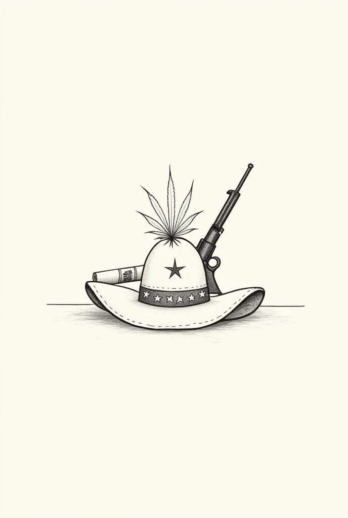 minimalist drawing:**  
  - A Mexican revolutionary hat with a cannabis leaf drawn on top.  
   - A simple gun and a rolled flag next to the hat .  
  - Empty background to highlight the objects .  
