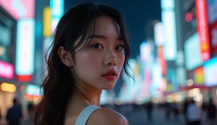 YouTube thumbnail,Japanese very cute, beautiful girl, hot, sexy, full body in shibuya, eye contact,leaving negative space on the right for text