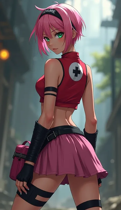  pink haired woman photo,   emerald green eyes  ,  Red sleeveless top , high neck, cremallera,   white circular design on the back,  pink short skirt,  black compression shorts ,   black gloves , black shinobi sandals  , headband tied  , Short haircut,   d...