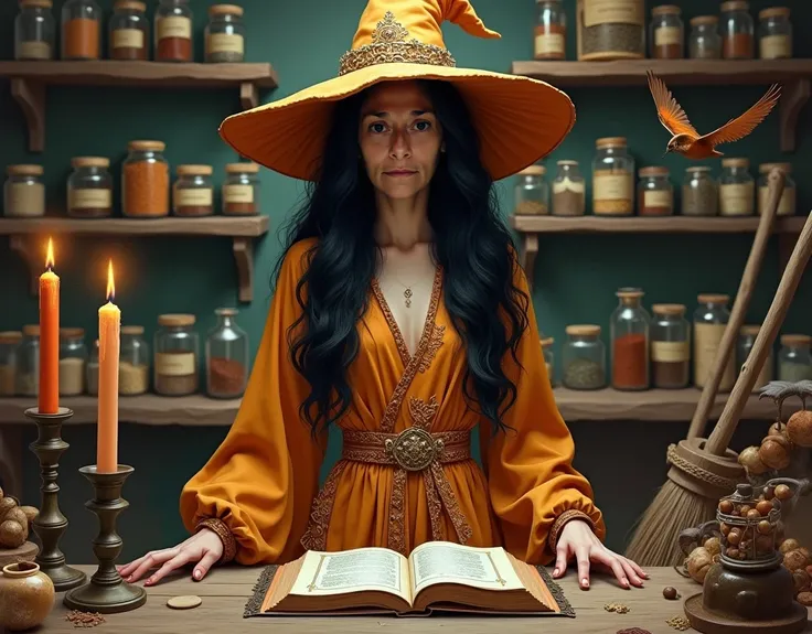 Hyperrealistic drawing with vibrant colors and maximum resolution. Eye-level portrait of a herbal witch, with very long wavy black hair, with large brown eyes in her magical workshop, looking directly into the camera, wearing a wonderful ocher colored robe...