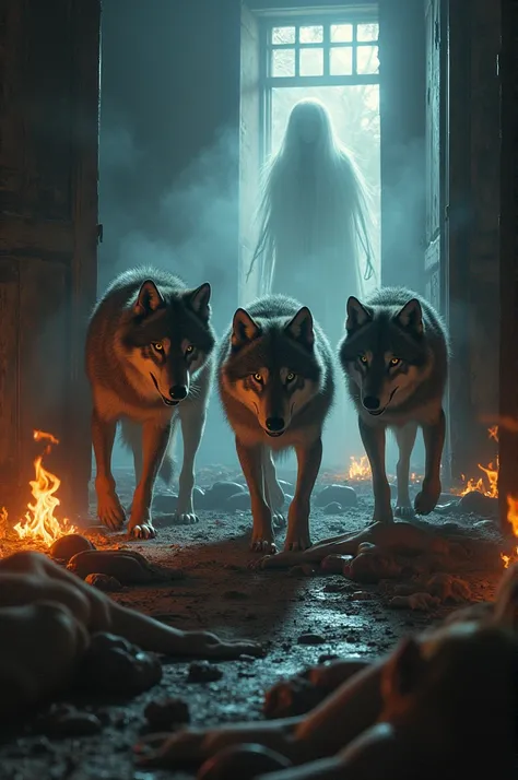 3 wolves stalking dead bodies in a burning house with spirits around the bodies 