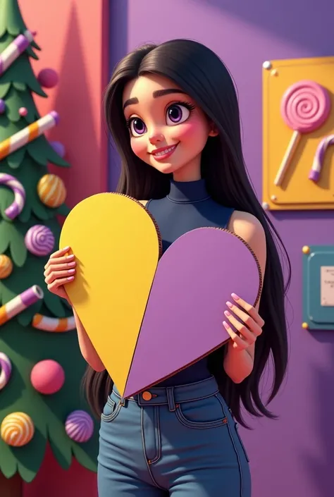 Woman 30 years, long straight black hair, wearing high rise flare very long dark jeans with dark blue sleeveless turtleneck and white sneakers. Holding carton board large heart half bright yellow and the other half purple. At telethon next to Christmas tre...