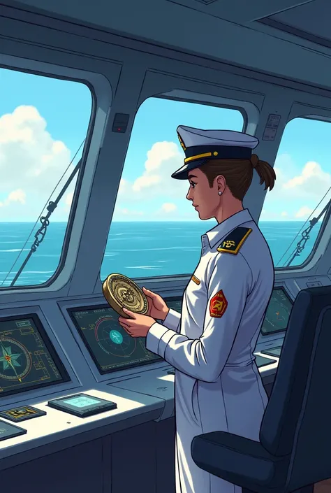 Illustration for the title cover page about fixing compass errors the captain is handle a compass in a modern vessel and keep looking on the  vessels if is on the Right Path 
