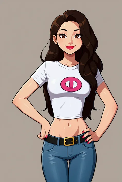 Asian woman, long hair, solo, wearing lipstick, snall white t-shirt, crop top, jeans, belt, midriff, navel, smile, hand on hip