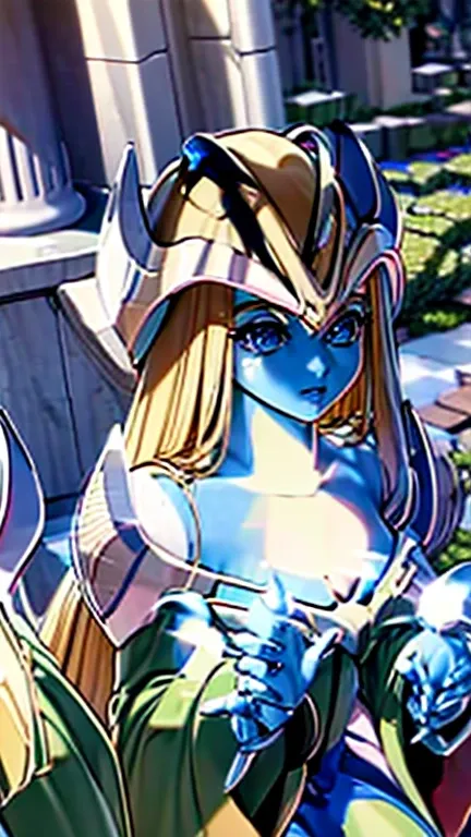 {{masterpiece, ultra-high quality, ultra detailed,}} 1girl, Outfit fusion, Perfect Character Fusion, Mystical Elf, Iris (Mega Man X) Blue Skin, Blond Hair, Reploid, Silver diadem with red gems, doll like joints, forest green and sapphire blue dress, mechan...