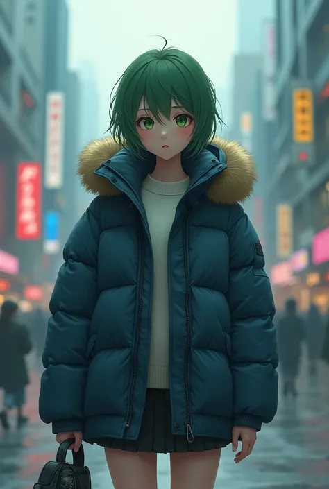 an image of a young Japanese woman who is extremely beautiful and attractive she is very thin , She has a short stature and her face is oval. She has short, slightly messy green hair and green eyes
shes wearing a dark blue puffer jacket , Long,  with a hoo...