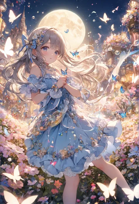  Money、Shihei、Kinka Flower Extravaganza ,   girl , (( princess your toddler)), Full hair,   Beautiful Blue Dress , (  perfect anatomy), Lots of Flying   ( butterfly ),   Bubble Magic  ,  Very pretty picture  ,  Flower field in the background , moon,  Seein...