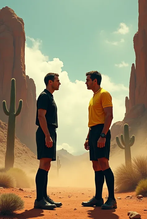  Create an image of two soccer referees having a confrontation in the Wild West, horizontal format image 