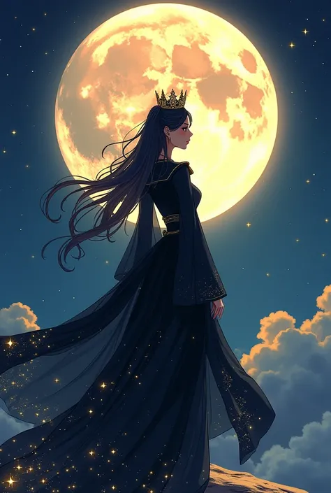  a woman in a black dress and a crown standing in front of a moon, an anime cartoon of Ni Tian , pixiv contest winner ,  fantasy art ,  beautiful heavenly wizard ,  Astral Witch Clothes , flowing magic cloak , anime girl wearing a black dress , magic dress...