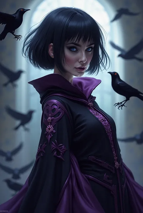 {-erro_de_anatomia:1.0} she has short hair, flowing raven-black hair, bangs, (waves) and pale, almost ethereal skin. Her eyes are a deep violet, giving her an otherworldly appearance. She dresses in flowing robes of dark purple and black, often adorned wit...