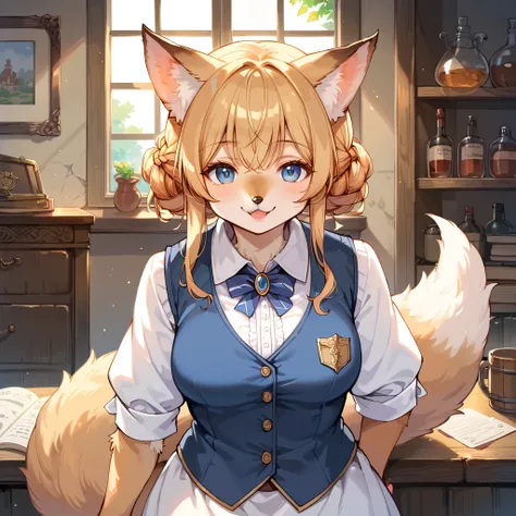 score_9, score_8_up, score_7_up, score_6_up, score_5_up, score_4_up, hires, masterpiece, Medieval, Adventurers Guild reception, 1girl, kemono, guild_receptionist, looking_at_viewer, animal_ears, animal_tail, furry_female, professional_attire, business_smil...