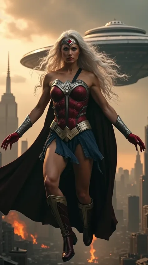 (((Snakeskin costume ))),((( A beautiful woman with long white hair with static))),((( levitating in the air ))) under the mantle of the Amazon warrior Wonder Woman ))),((( Wearing a jumpsuit ))),(((Red corset with Wonder Woman emblem on her chest ))),((( ...