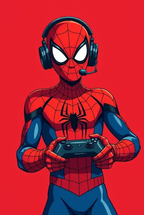 Anime style Spider-Man with a video game controller in his hand and with a headset with a red background
