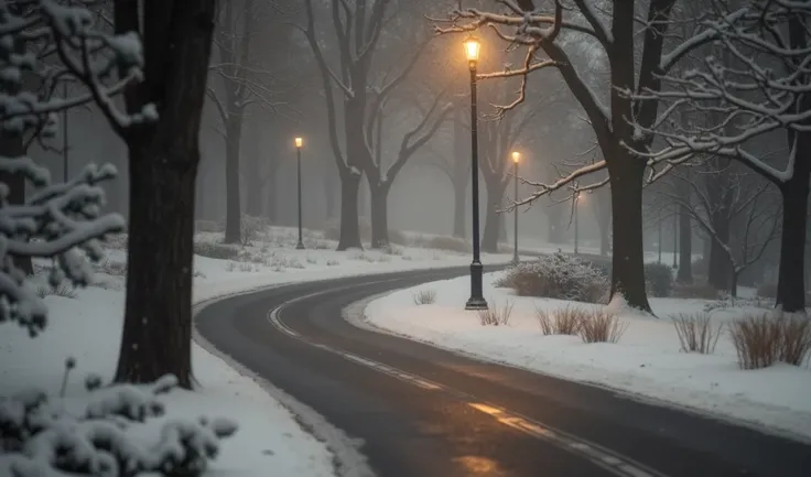 Winter Scenery . park. It&#39;s snowing.  The wind is blowing. 함박It&#39;s snowing.  A beautiful curved road with snow. Snow is piled up on tree branches .  A blizzard is raging .  Snow is blowing in the wind. A lot of snow is falling . The sight of snow fa...