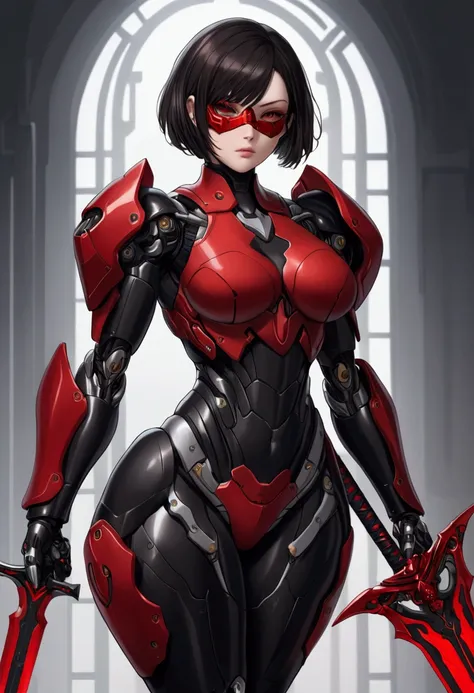 A female cyborg with thick thighs, wearing a black red cyborg armor, holding a red sword, black short hair, wearing a mask.