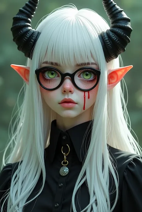 Create a white character ,  she is an albino with long waist-length hair and green eyes,  put round glasses on her head ,  she has very strong freckles on her face and piercings on her ears , Make her more human around 18 with a black blouse (high resoluti...