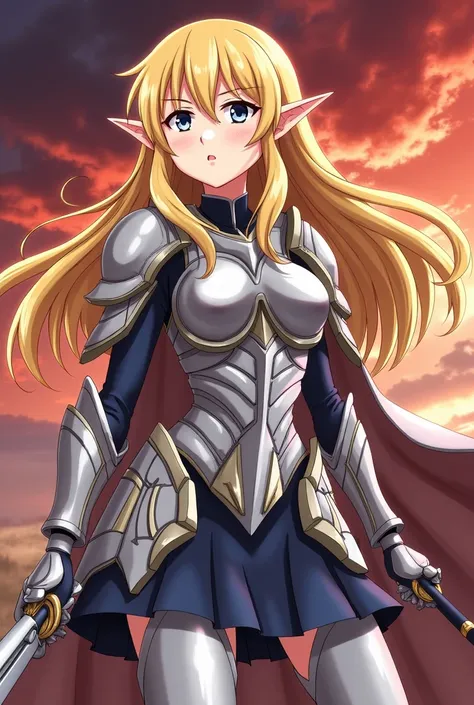 A stylized anime illustration of Ranko Honjo from Hajimete no Gal reimagined as a Claymore warrior. She has her iconic long, wavy blonde hair styled elegantly, with piercing silver eyes and pointed elf-like ears, adding a supernatural aura. Her expression ...