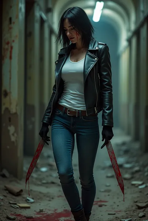  Female killer, abandoned building, 4k, tight white shirt, tight blue jeans , learher jacket, black boots, , knife has blood on it, black gloves, dark atmosphere, blood on face and body, night time, 