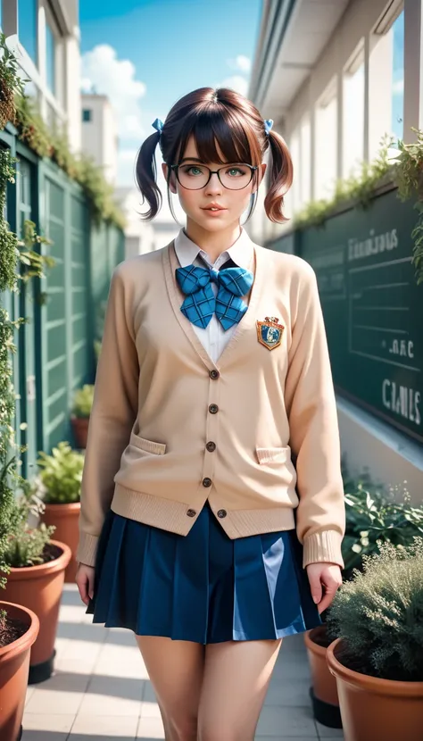 in a dynamic action, a schoolgirl with glasses walking to school, wearing a school uniform with a cardigan, ribbon, orange checkered miniskirt, and knee-high socks, short hair in twin tails, blue sky, green around the school gate, detailed face features, (...