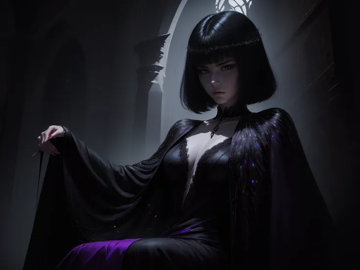 she has short hair, flowing raven-black hair (bangs) and pale, almost ethereal skin. Her eyes are a deep violet, giving her an otherworldly appearance. She dresses in flowing robes of dark purple and black, often adorned with symbols of the occult. angry f...