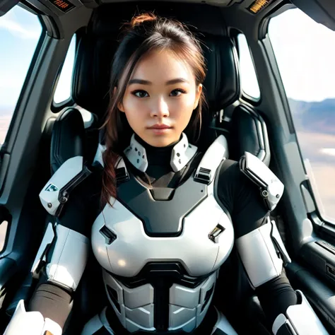 Highly detailed photo of a Japanese women, SF soldier, 30yo, (Mech warrior of women mercenary, Hyper huge saggy boobs, (body armor)), wide open chest, sitting like a queen, Stately and dignified, Very dissatisfied look, (headset, Powerful and beautiful eye...