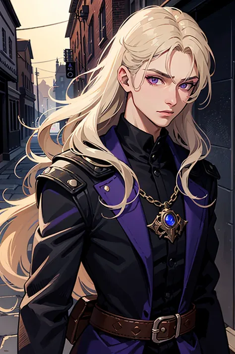 masterpiece, expressive eyes, perfect face, best quality, 1boy, male focus, solo focus, Adult, Rogue, lilac eyes, tanned skin, ducktail hair, clean hair, wavy hair, ash blonde hair, dark alley, gloves, bloodborne, glowing purple eyes, Grimmjow jagerjacques...