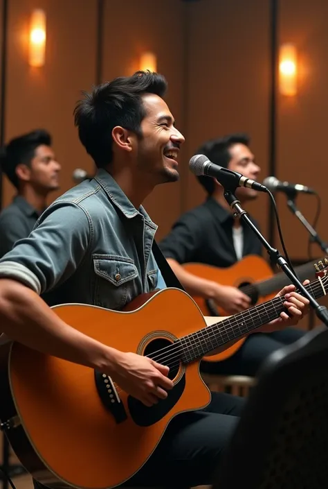 a handsome Javanese man wearing a Levis shirt sings in the studio strumming a guitar with an acoustic group