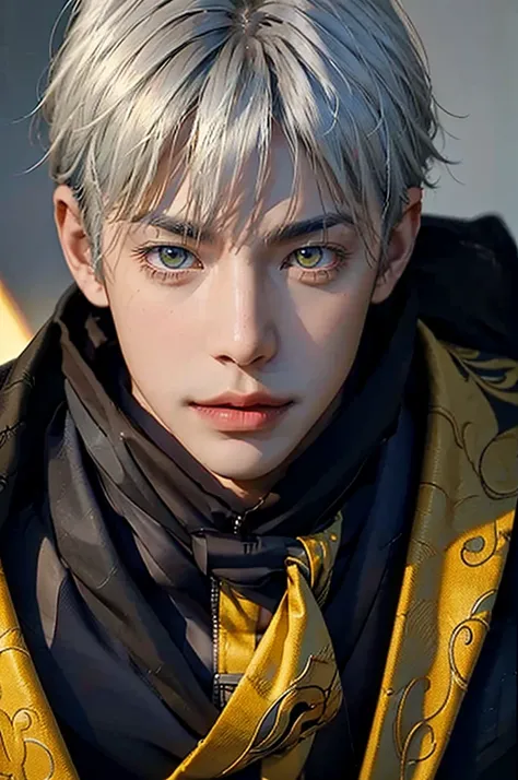  1 male Korean idol ,  8K portrait of an attractive 25-year-old grey-haired Italian man, Italian skin color , Thin sword,  complicated , Elegant,  realistic depth of field pictures , Perfect natural light (masterpiece,  side lights,  cool yellow eye detail...