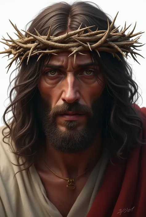  Create a realistic image of Jesus Christ with a crown of thorns, He has a tense face ,  looking directly at you .  Transparent background png 