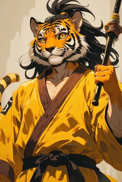 (masterpiece), best quality, perfect face, expressive eyes, (Male anthro tiger:1.3), (yellowish orange fur:1.3), very tall, thin, (black mullet), thin eyebrows, yellow eyes, yellow sclera, yellow iris, black nose, white whiskers around his nose, wearing a ...