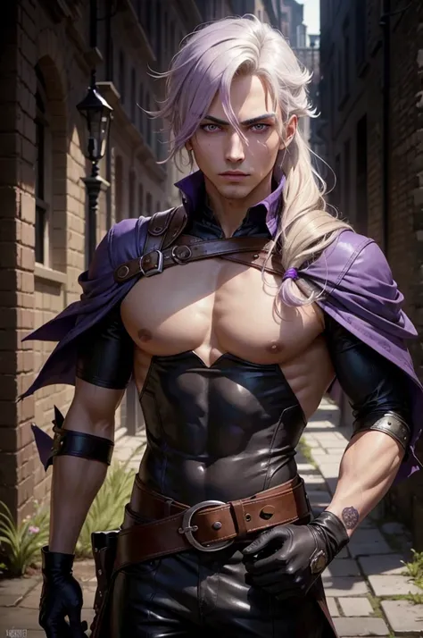 masterpiece, expressive eyes, perfect face, best quality, 1boy, male focus, solo focus, Adult, Rogue, lilac eyes, tanned skin, ducktail hair, clean hair, wavy hair, ash blonde hair, dark alley, gloves, bloodborne, glowing purple eyes, Grimmjow jagerjacques...