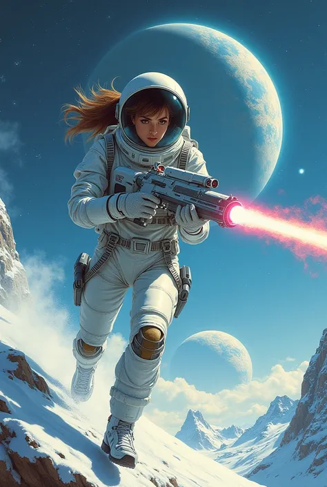 Comic book illustration of a woman in a spacesuit with a helmet and visor, holding a laser gun, in the style of Alex Ross, a comic book art style is flying over the surface of a snowy mountain planet, background features stars and galaxies. --ar 1:2 --pers...