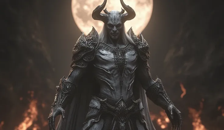 A demon knight in white armor decorated with black elements. He is in hell, but there is a sacred light shining behind him. Horror