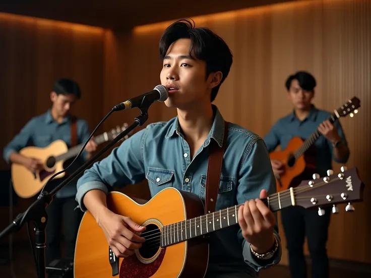 a clean-faced handsome Korean style , Javanese man wearing a Levis shirt sings in the studio strumming guitar with an acoustic group