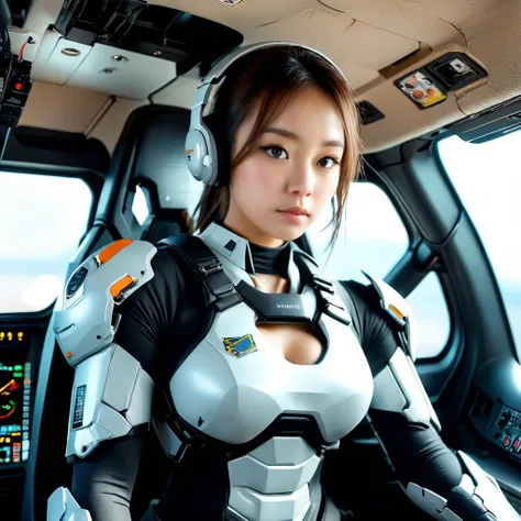 Highly detailed photo of a Japanese women, SF soldier, 30yo, (Mech warrior of women mercenary, Hyper huge saggy boobs, (body armor)), wide open chest, sitting like a queen, Stately and dignified, Very dissatisfied look, (headset, Powerful and beautiful eye...