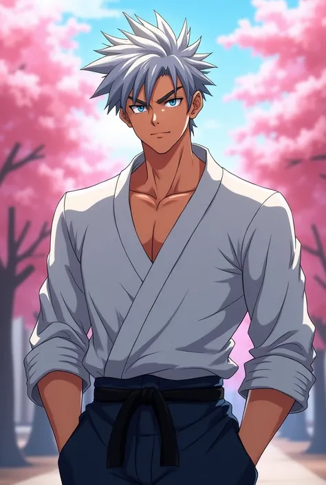 
anime male, silver hair, curly hair, short spiky hair, teen, bulky body, black gi pants, light blue eyes, long eyelashes, striking eyes, sharp jawline, cherry blossom trees, school background 