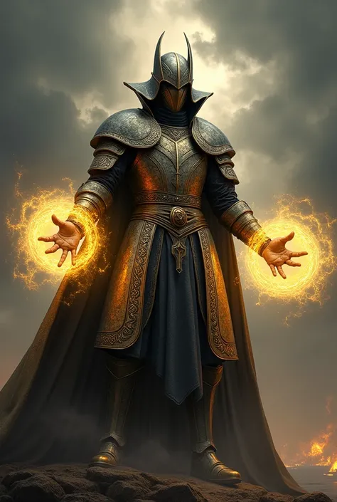 Create Dr. Strange medieval large iron armor in the colors of your costume with golden circles of sparks in your hands.