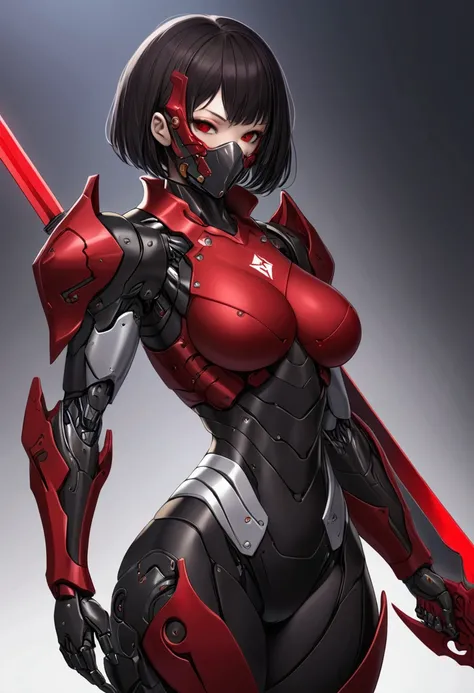 A female cyborg with thick thighs, wearing a black red cyborg armor, holding a red sword, black short hair, wearing a mask.