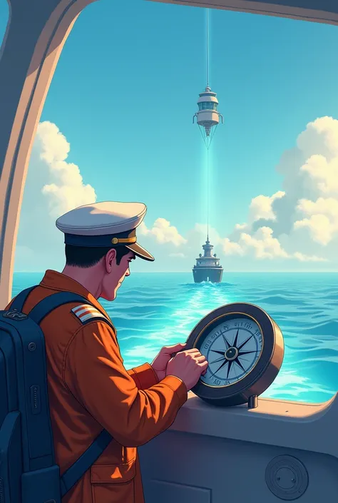 Illustration for the title cover page about fixing compass errors in the middle theres a modern vessel the captain in the vessel is handle a compass and the background of the vessel in sky theres a path way to a destination.
