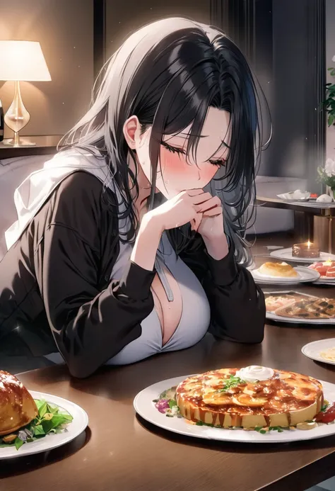 (( top quality)), (( Masterpiece )), ( Details), ( 1 Anime Girl ),  sexy, milf, ( black hair), Bust 9０CMs Big Breasts Married Woman ,  young woman, ((A married woman with a pale face opening her eyes and shedding tears)), (カジュアルで sexyなファッションの女性), Cover you...