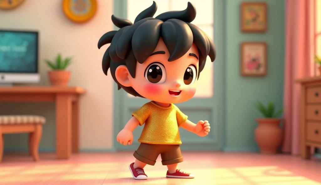 a  boyfriend, Black hair, wearing a gold t-shirt , brown shorts are standing turned to the left, 3d chibi animation style