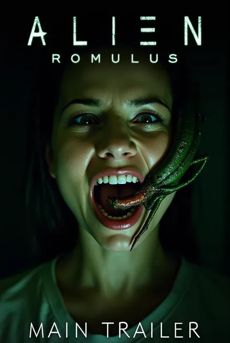 Create a movie poster called Alien: Romulus.
The movie title: Alien: Romulus is clearly visible on the poster.
Image: An image of a woman with a Facehugger-like creature attached to her face. The image is very creepy and shocking.
Description: "MAIN TRAILE...