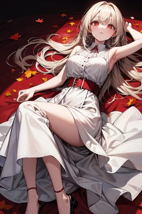 fall down　Woman falling down on her back 　 white dress with red belt　Hollow Eyes　８k　 high image quality